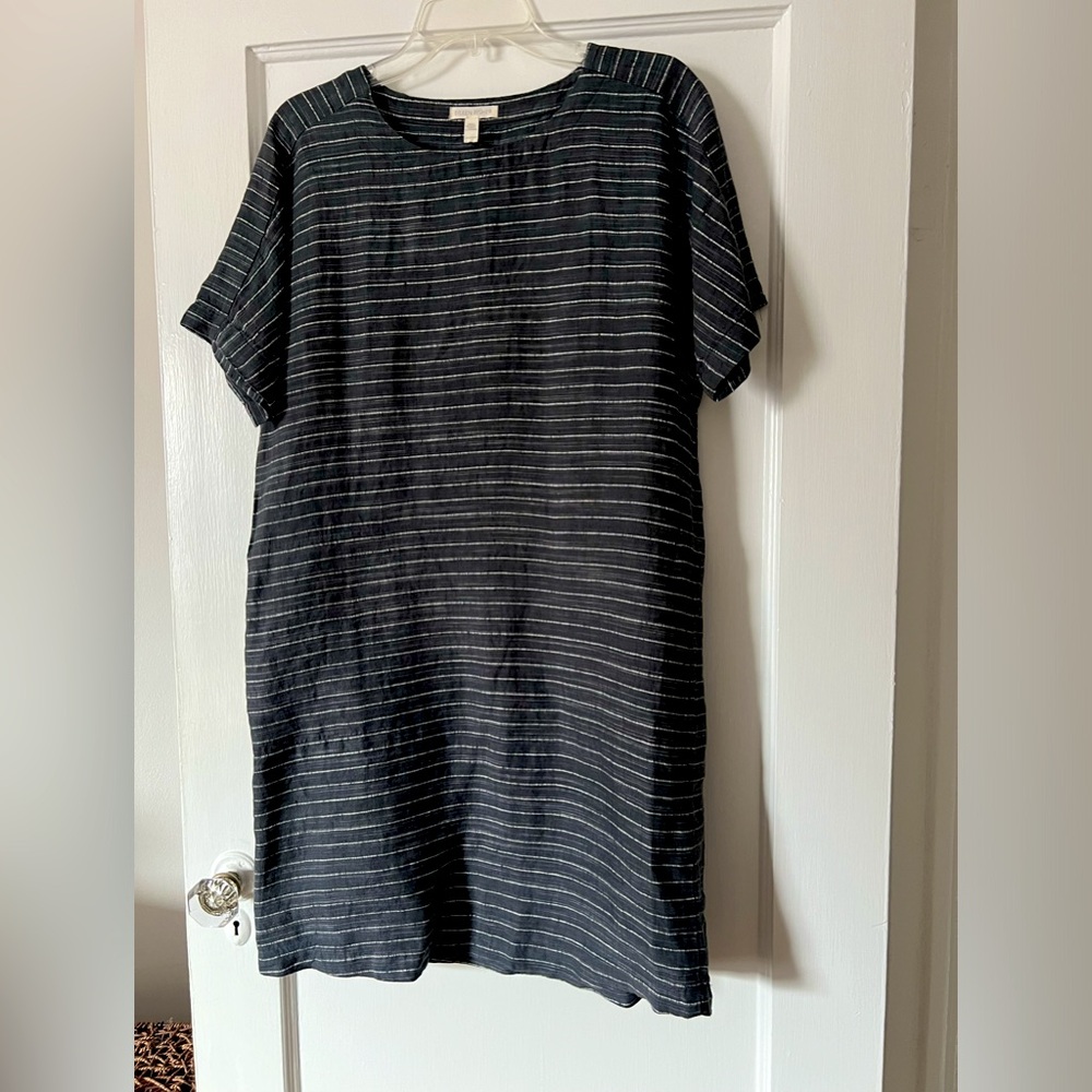 Eileen Fisher Linen Classic Striped Black Dress